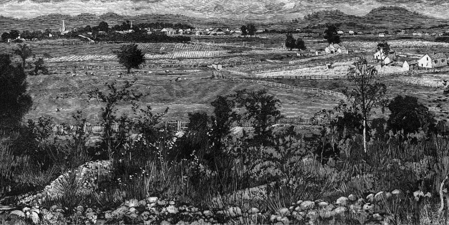 Historical engraving looking north over the Franklin landscape from Winstead Hill