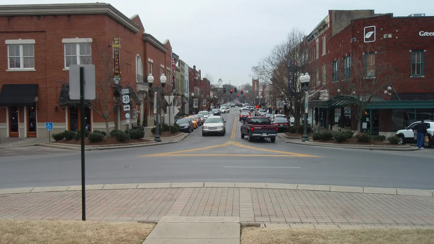 Street-level view from the historic public square in Franklin, Tennessee